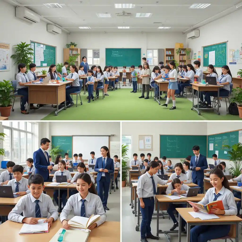 Estudiantes de una escuela india aprendiendo juntos en un campus moderno