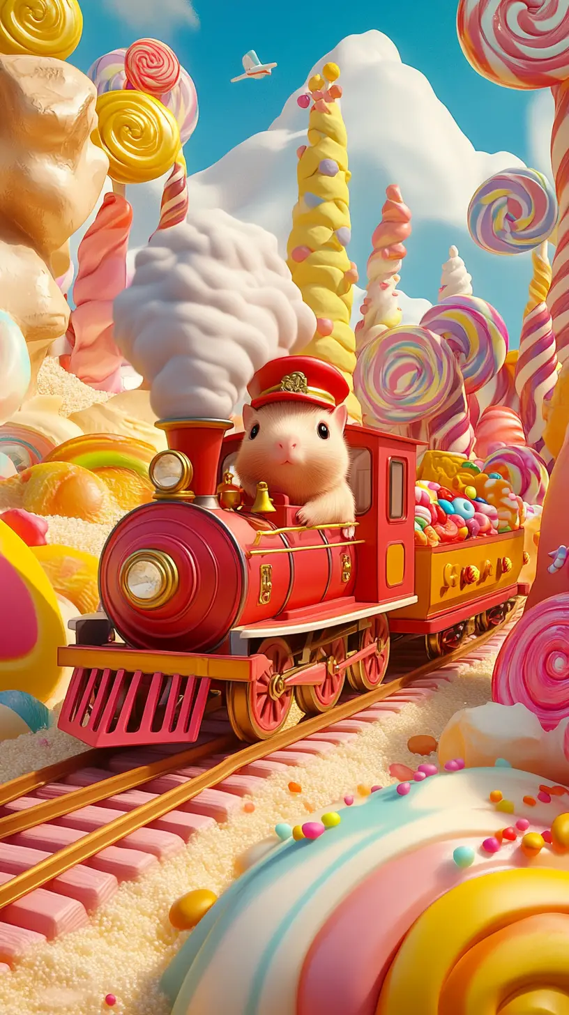 Cochon d’Inde conducteur d’un train rouge à travers un monde de bonbons