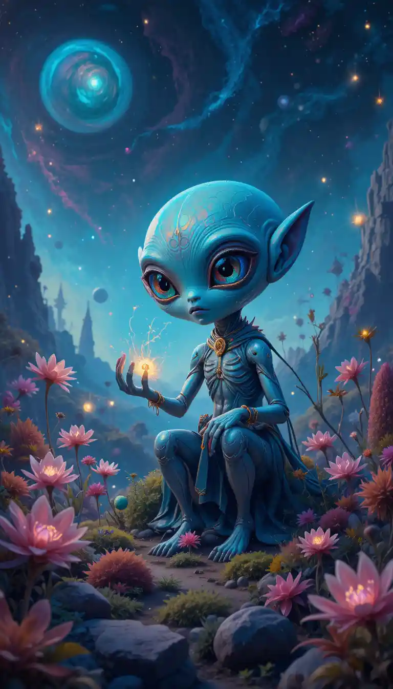Alien curieux explorant une flore lumineuse sur un monde lointain
