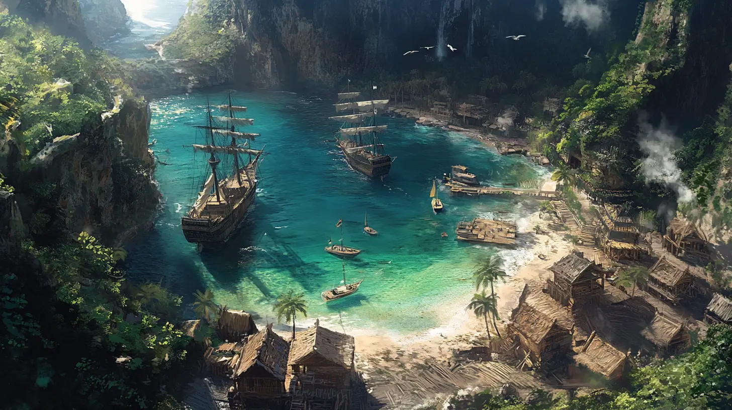 Dramatic Fantasy Illustration Of A Hidden Pirate Cove
