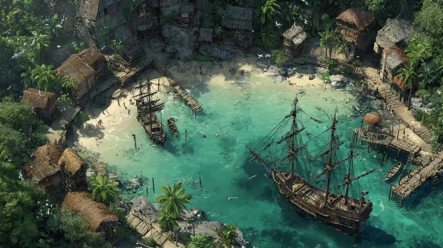 Dramatic pirate cove with ships and jungle huts