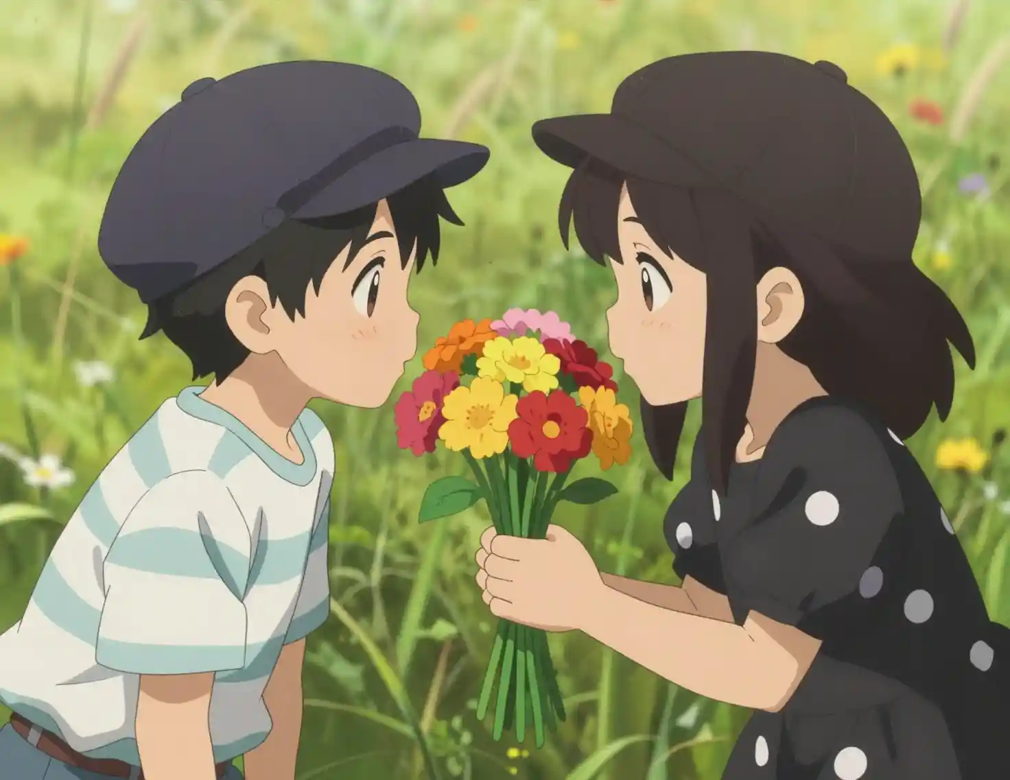 Boy offering flowers to girl in sunny field