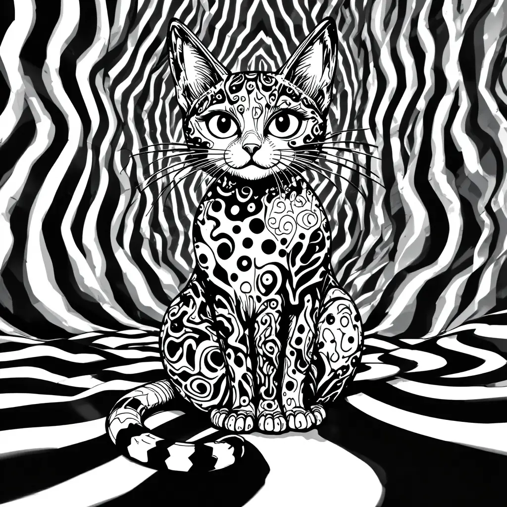Psychedelische schwarz-weiße Doodle-Katze mit abstrakten Mustern