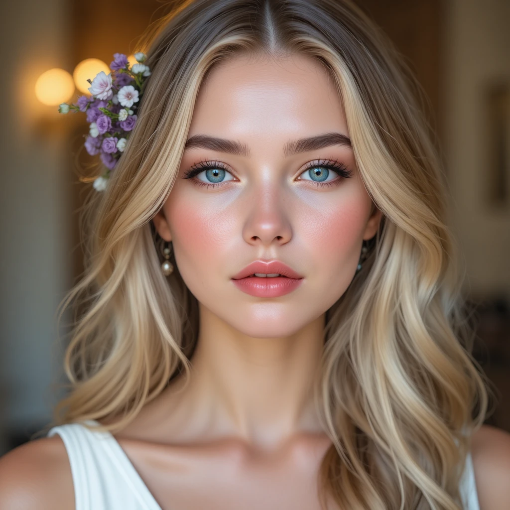 金髮女孩與花朵的寧靜特寫人像