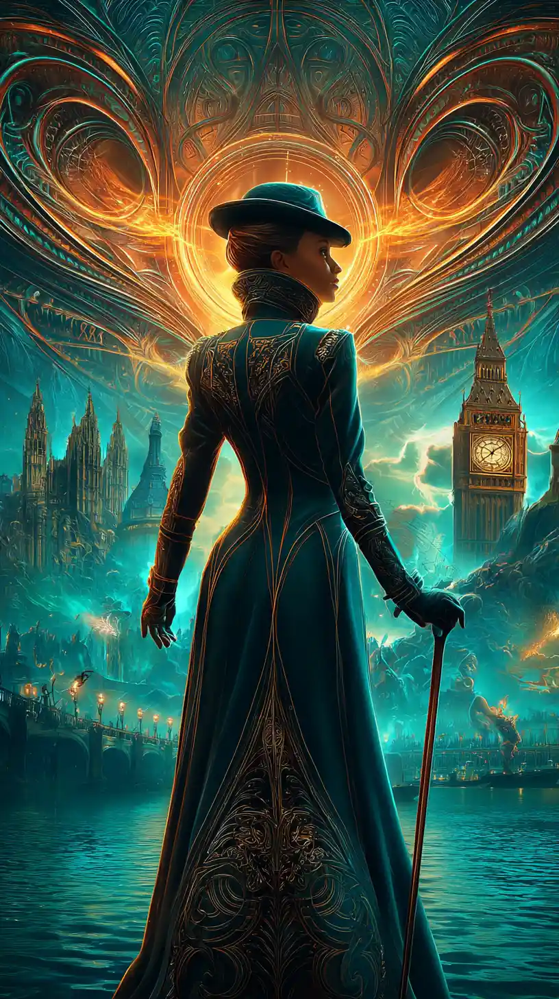 Elegant Victorian woman walking through mysterious London street