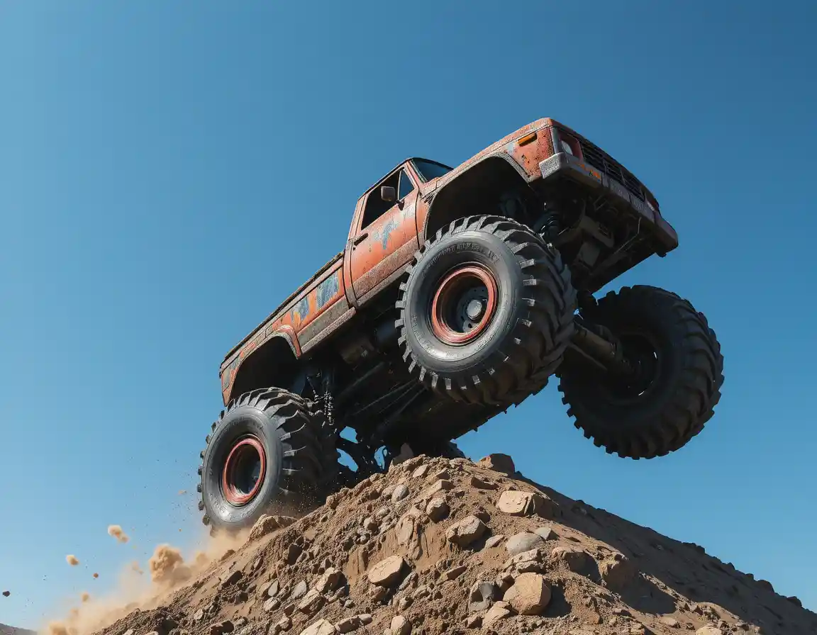 Brown monster truck balancing on ramp against clear sky