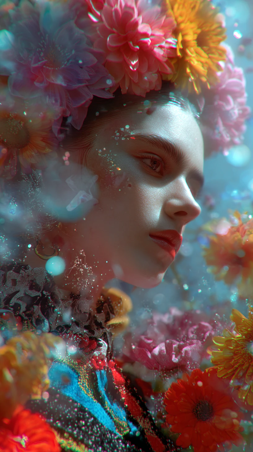 Femme surréaliste de Cinco de Mayo au milieu de fleurs flottantes