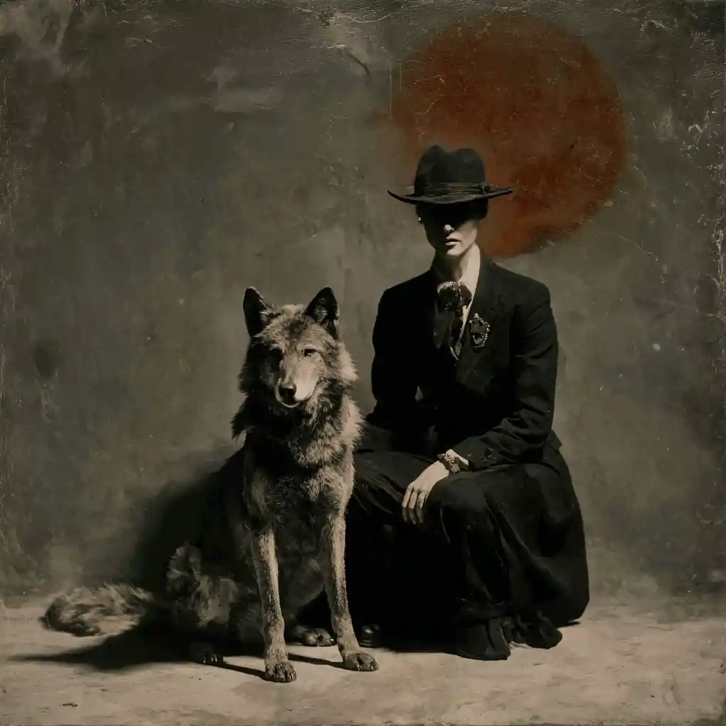 Retrato de lobo dadaísta em estilo de colagem minimalista surreal