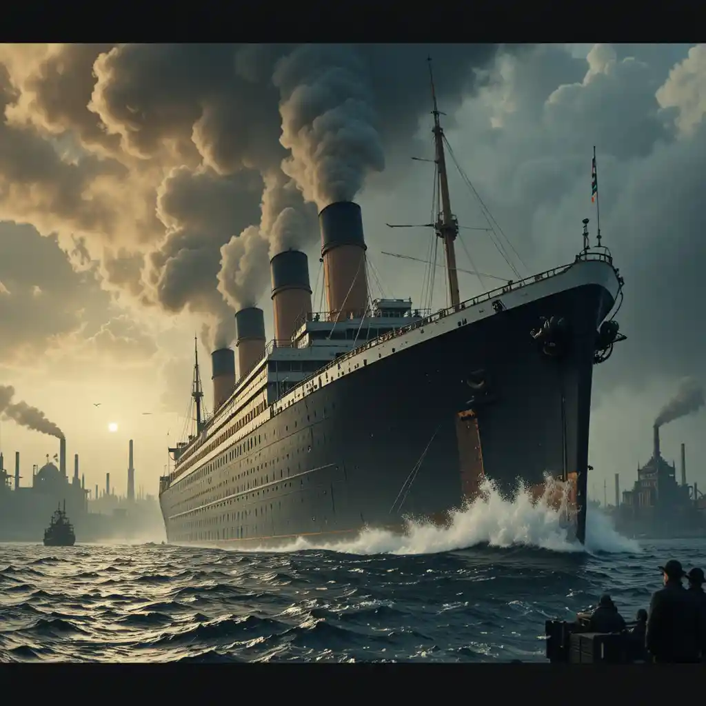 Steamship Crossing Rough Industrial Age Ocean At Sunset