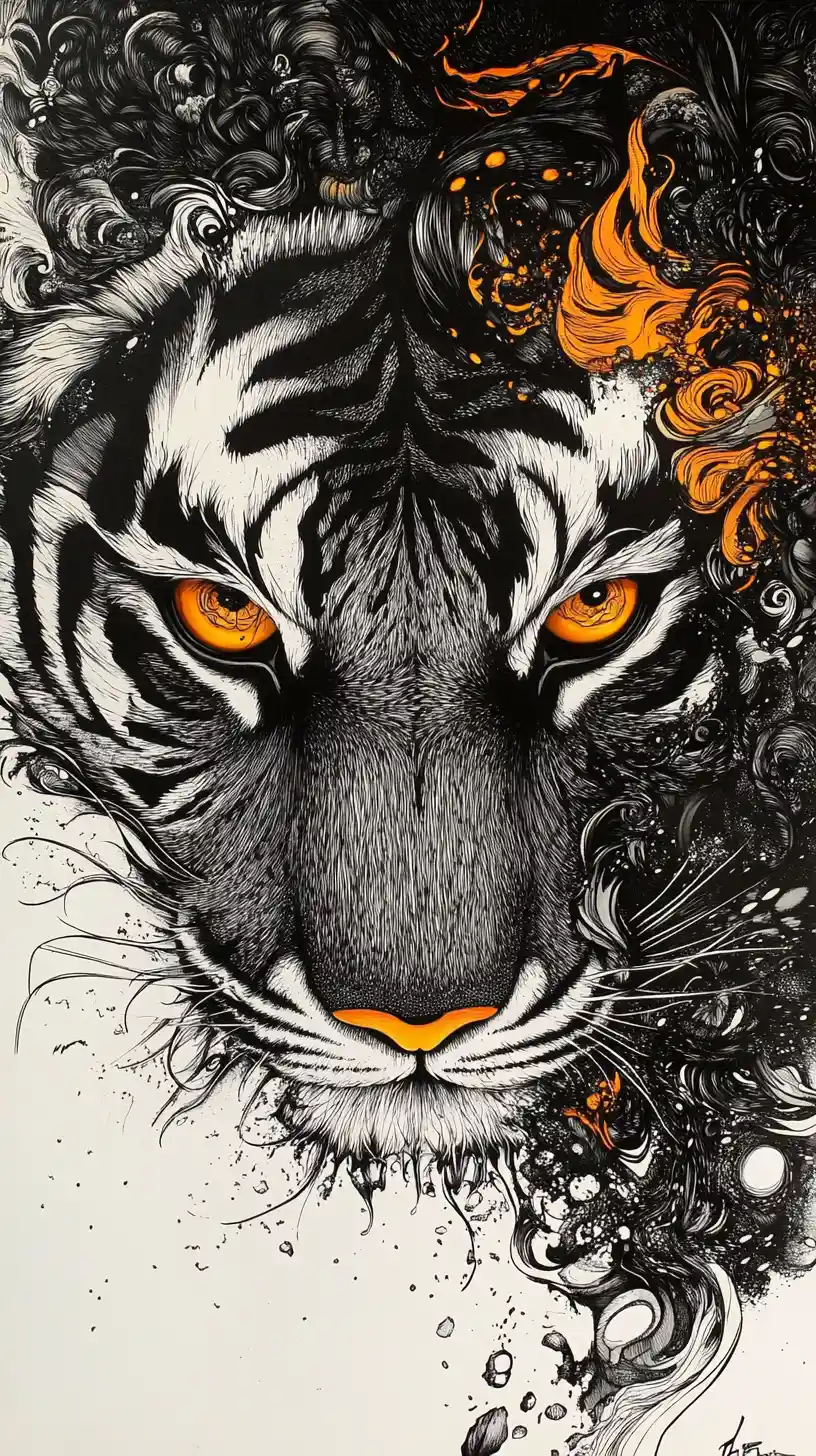Surreale schwarze Tintenillusion eines lebendigen Tigerauges