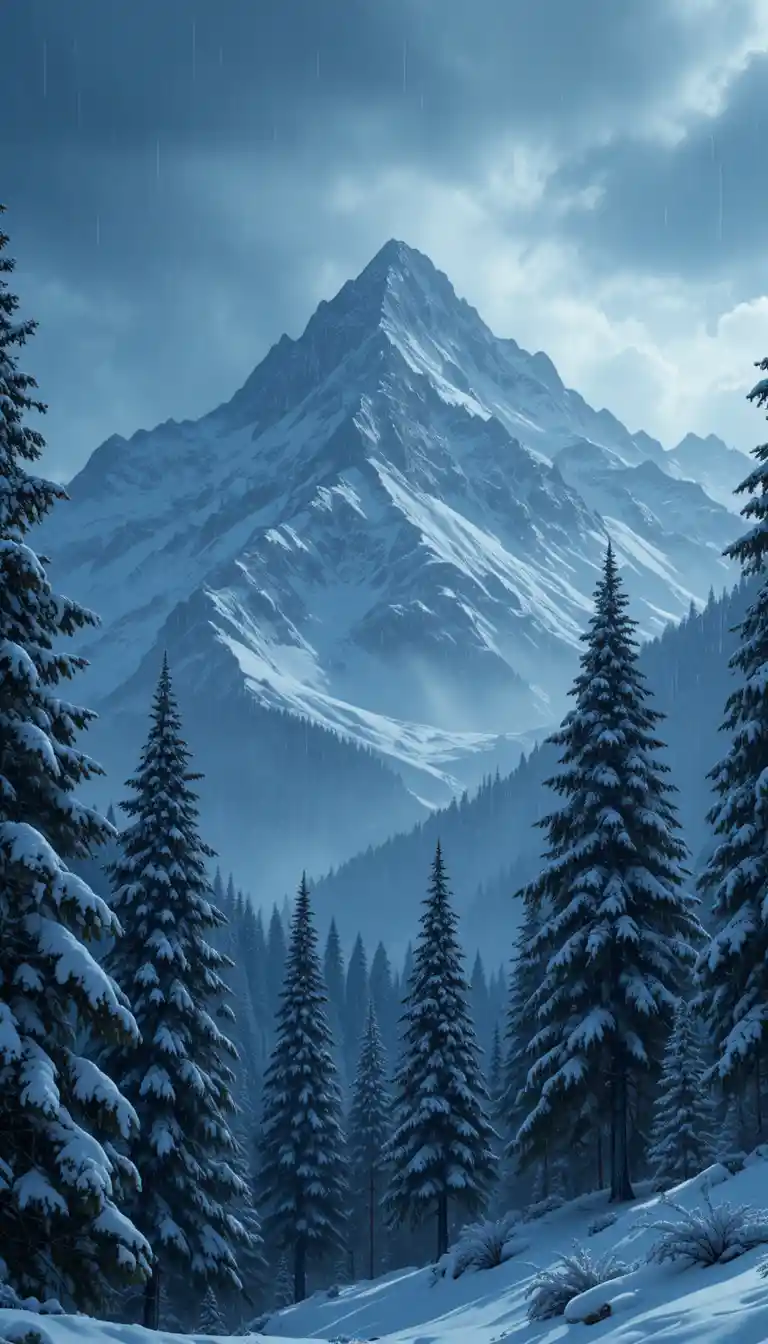 Tempête de Neige en Montagne avec Pins Secoués par le Vent
