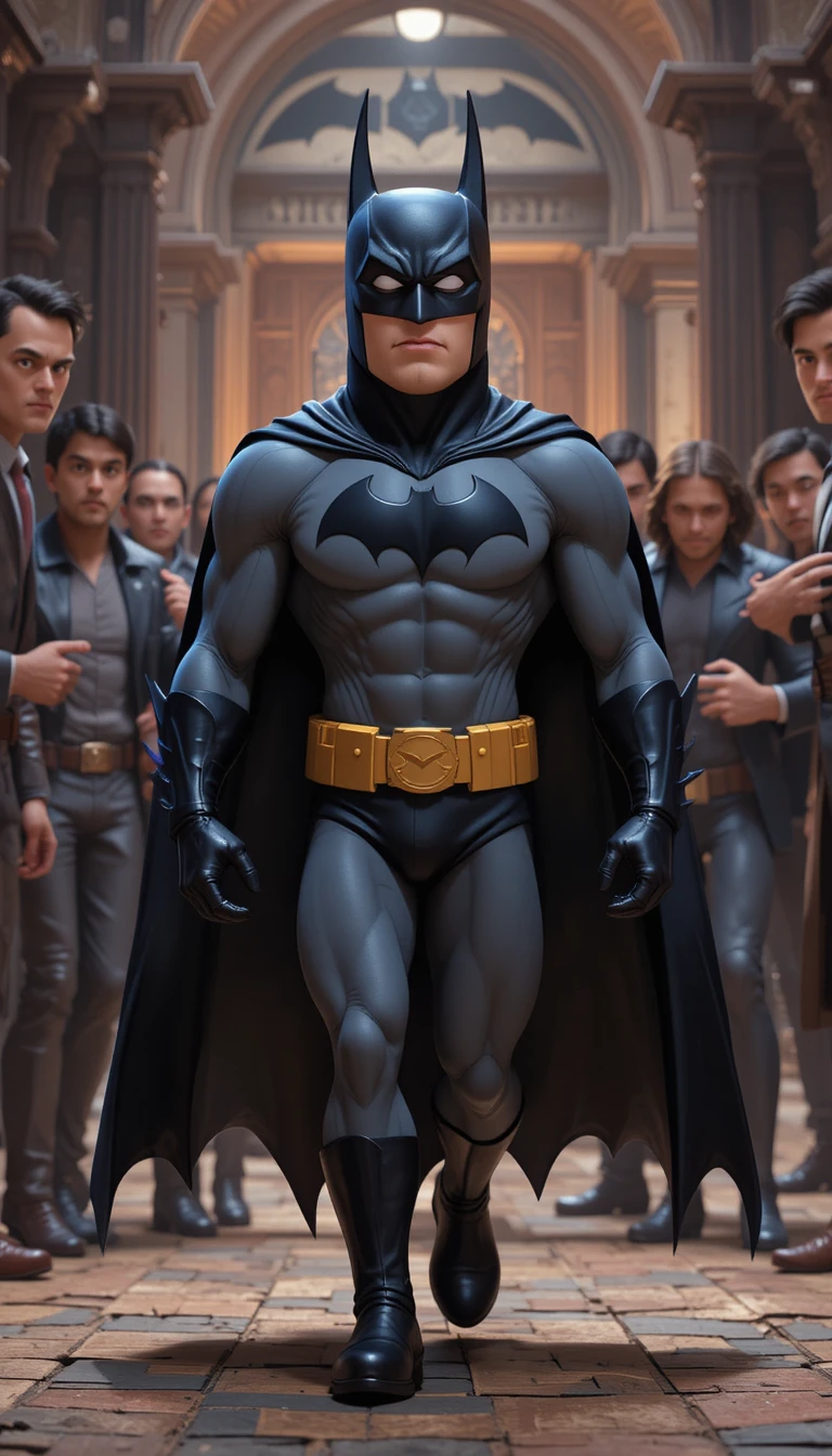 Super-herói em desenho 3D avançando sobre criminosos apavorados