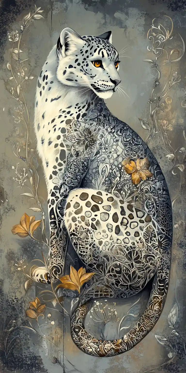 Gothic snow leopard with glowing eyes and ornate patterns