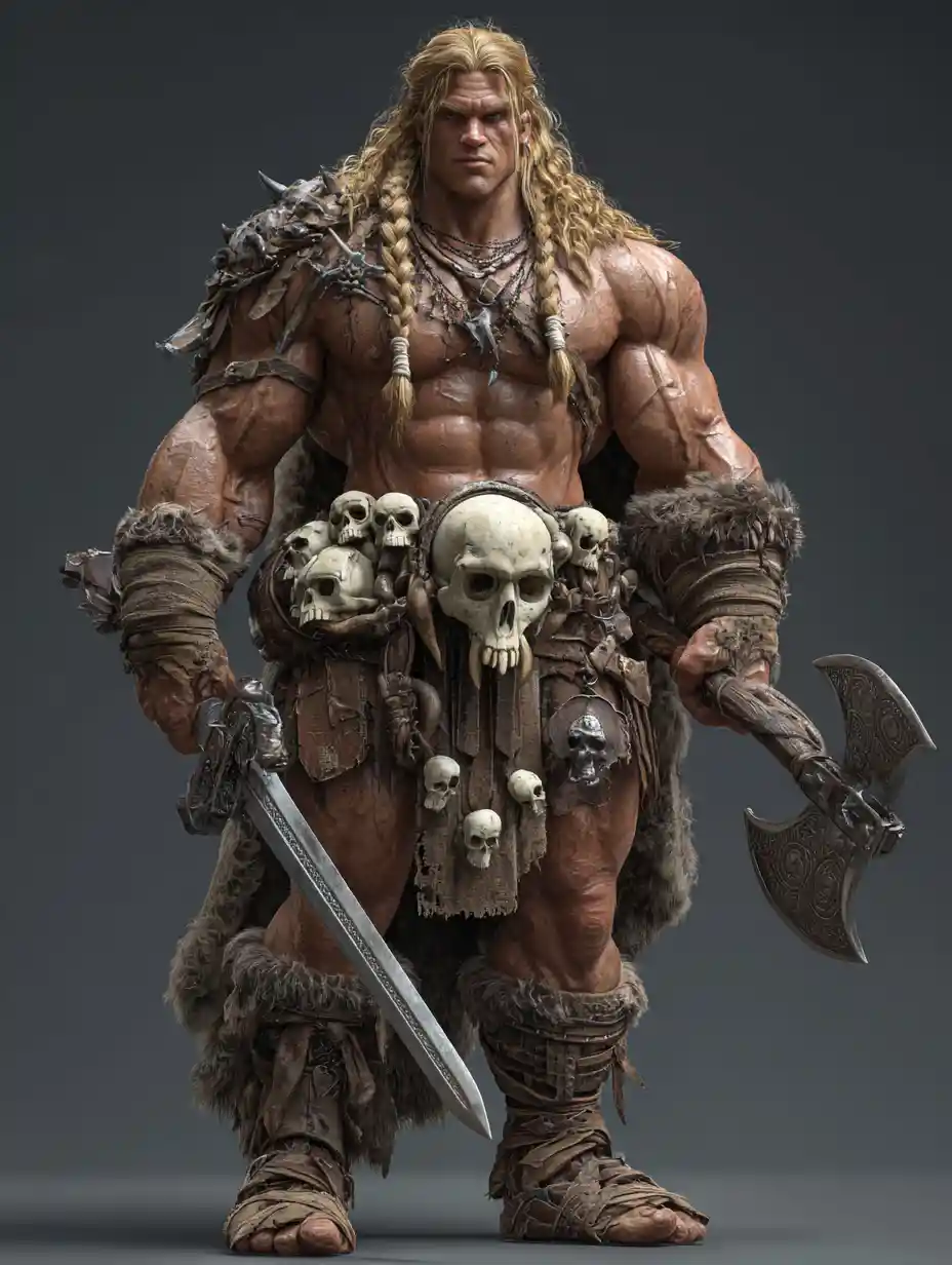 Guerreiro Bárbaro Musculoso com Machado em Fundo Cinza Renderizado em 3D