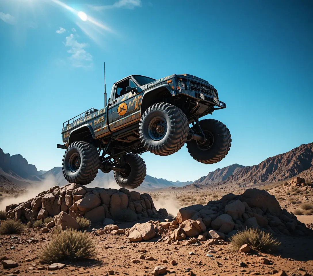 Monster truck soaring high above a desert jump