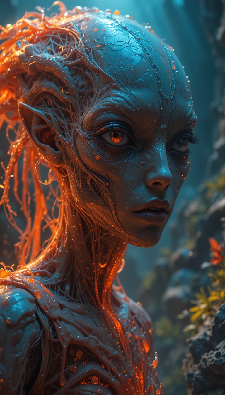 Créature alien anthropomorphe dans une scène surréaliste et onirique