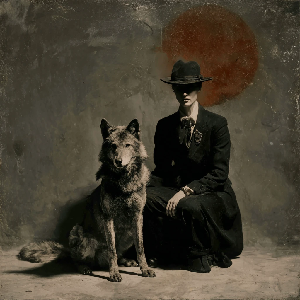 Retrato de lobo dadaísta em estilo de colagem minimalista surreal
