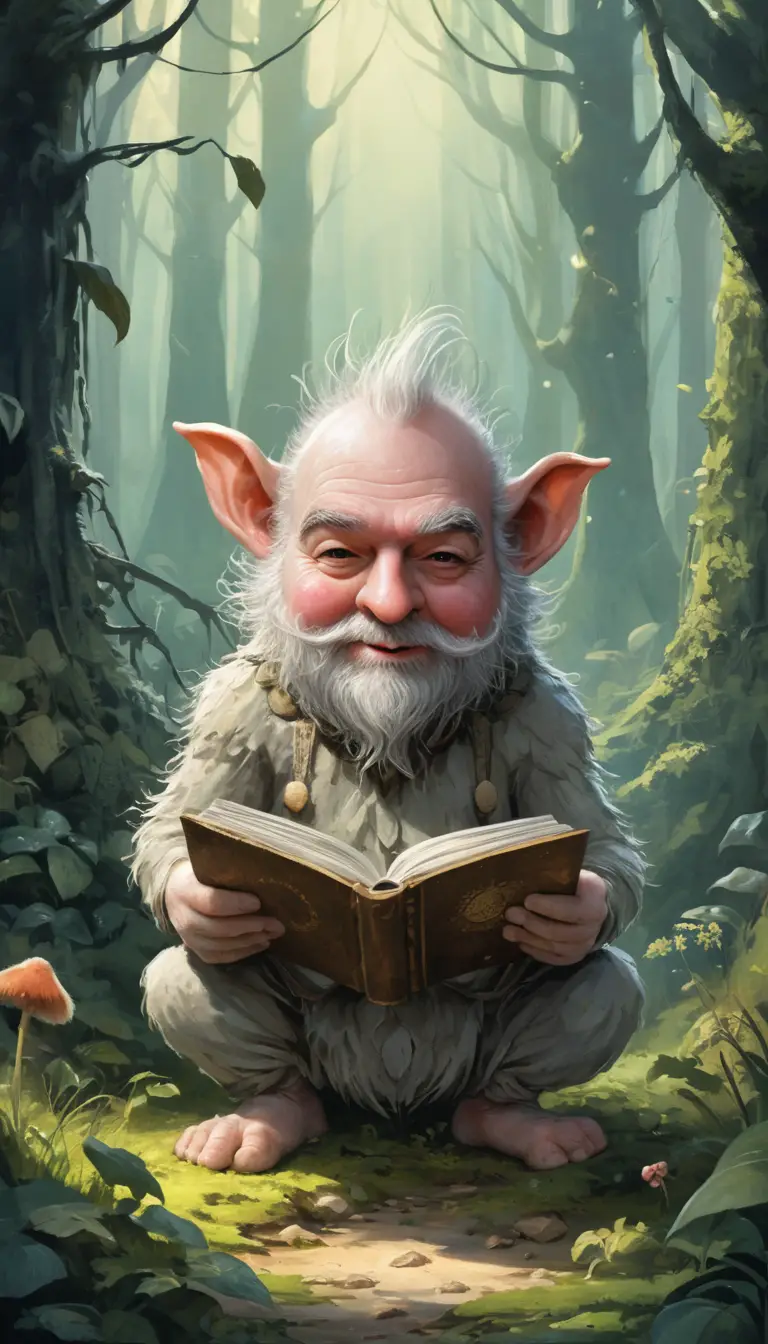 Joyful cartoon forest troll with fluffy white hair