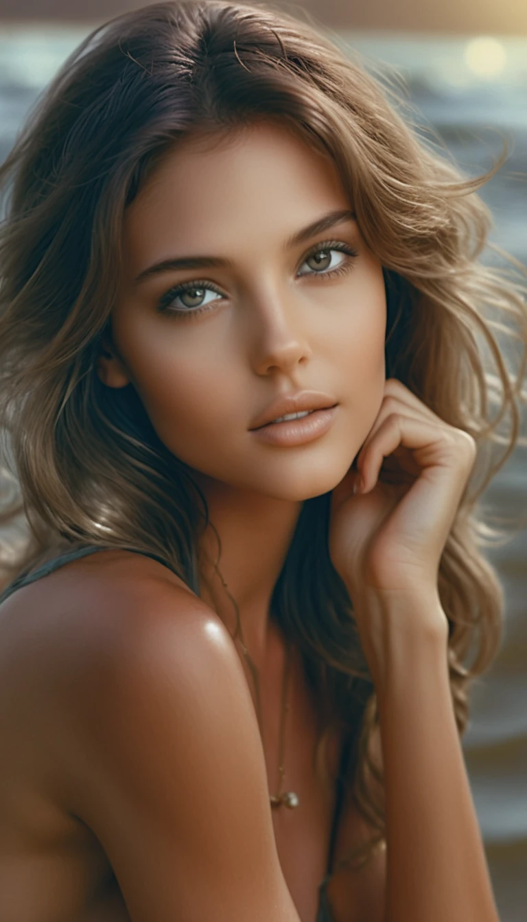 Mulher europeia glamourosa posando diante de um mar sereno