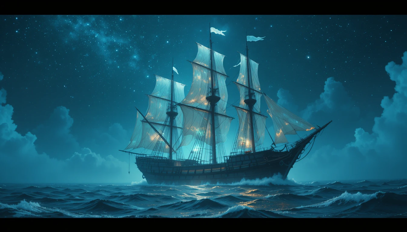 Vaisseau Fantôme Éthéré Voguant sur une Mer Cosmique Mystique