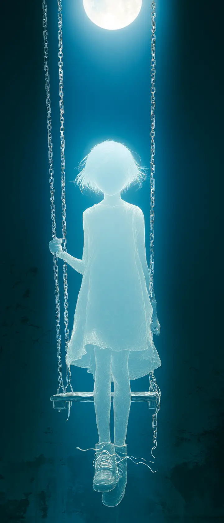 在月光遊樂場鞦韆旁逐漸消失的半透明少女