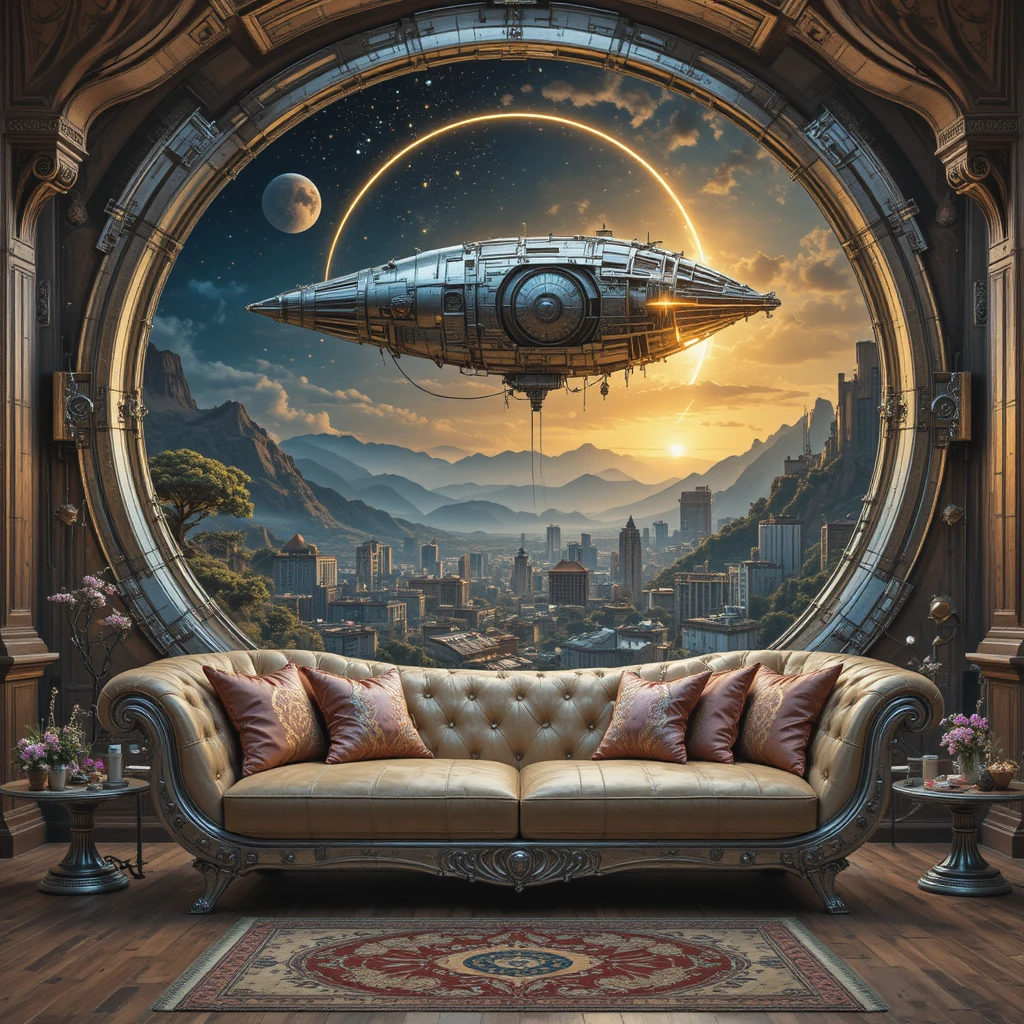 Lounge Barroco Futurista com Sofá e Vista para Cidade Alienígena
