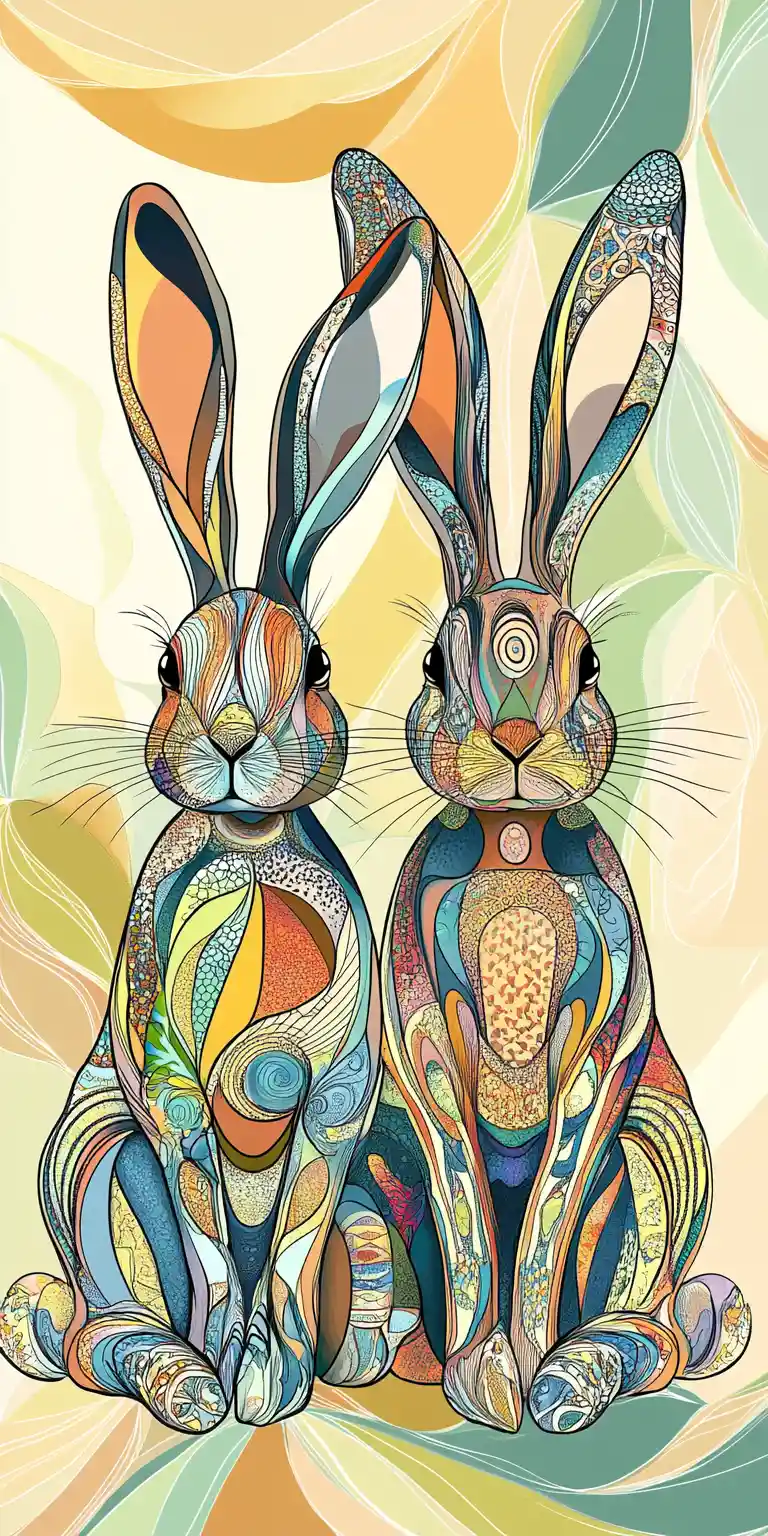 Coelhos estilizados e fantasiosos com padrões decorativos intricados