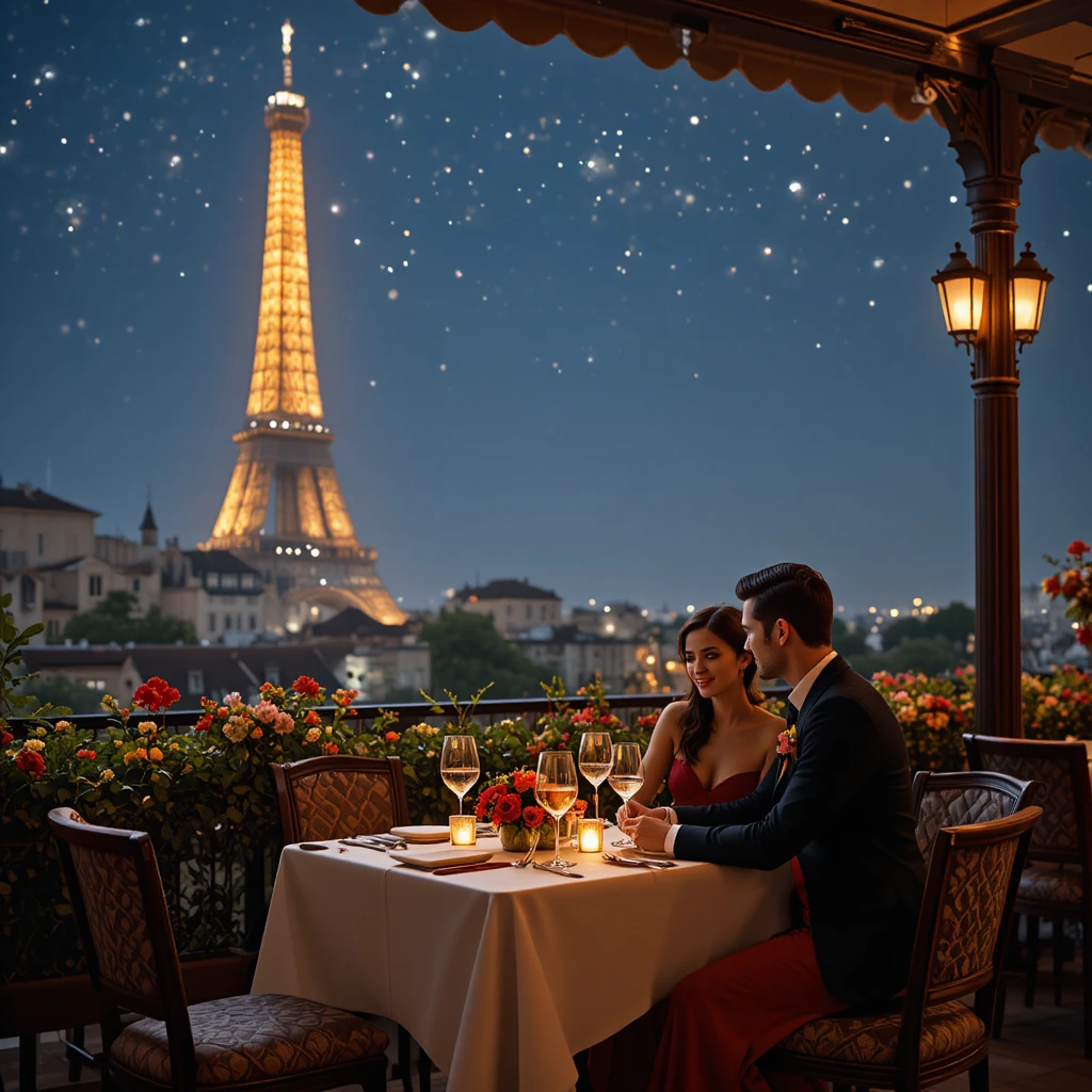 Coppia romantica a cena su una terrazza con vista sulla Torre Eiffel