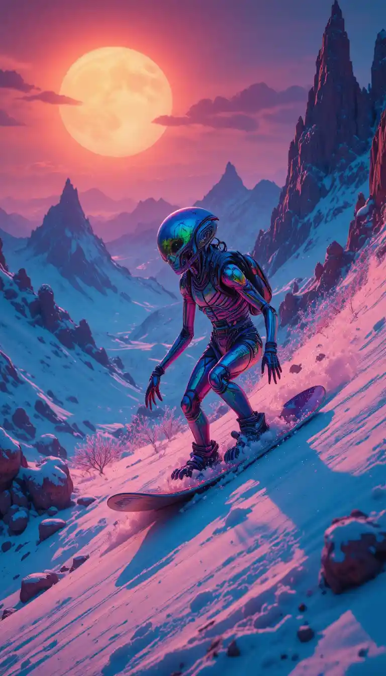 Alien snowboarder racing down a crystalline alien mountain