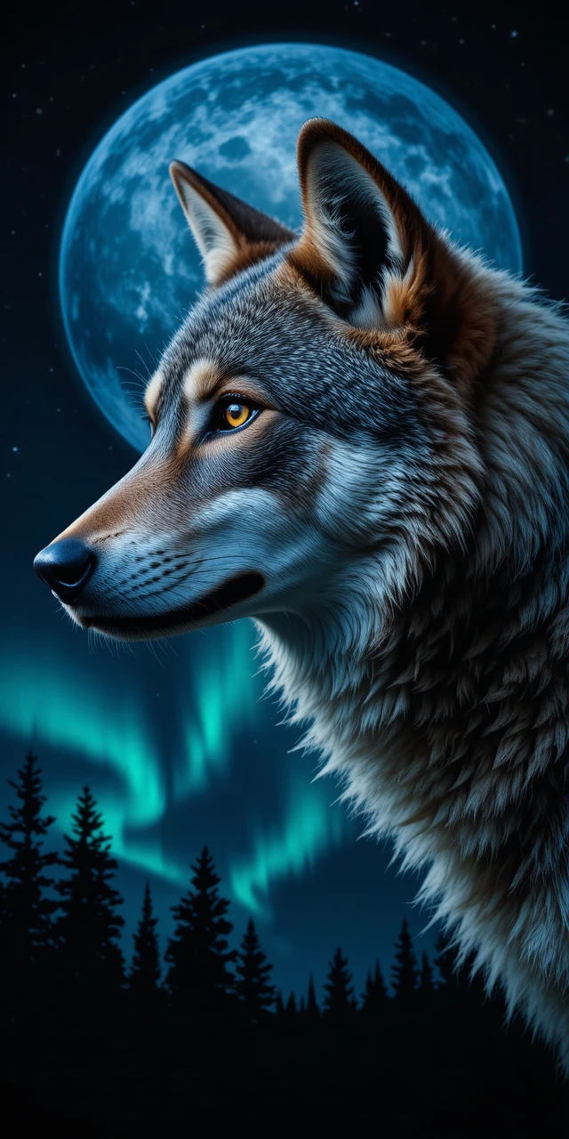 Perfil lateral de um lobo contra um céu estrelado e iluminado pela lua