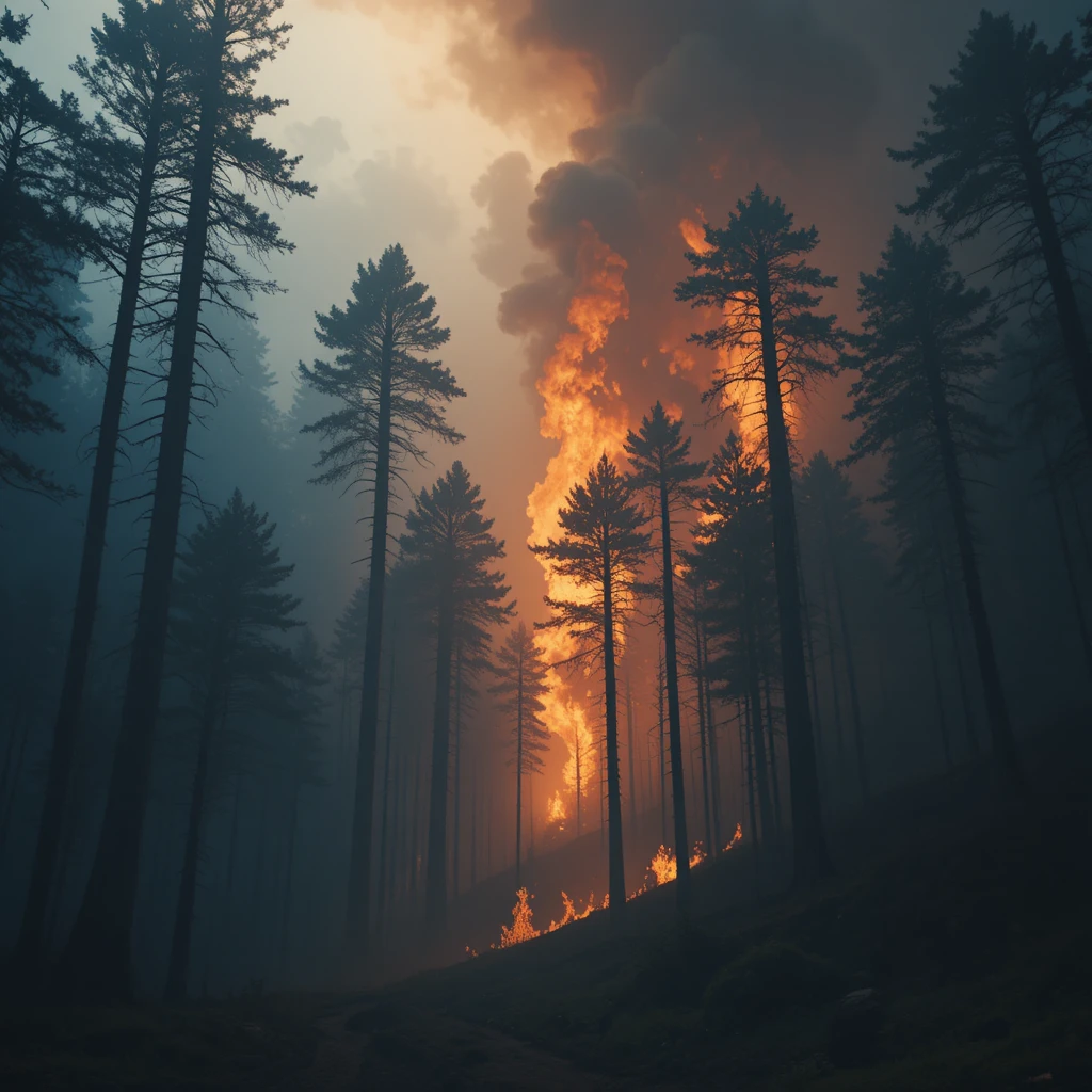 Epic forest wildfire with towering flames and smoke