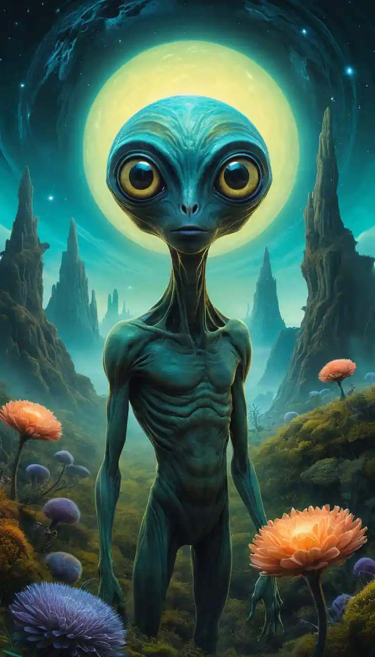 Créature extraterrestre joueuse parmi des plantes lumineuses sur un monde lointain