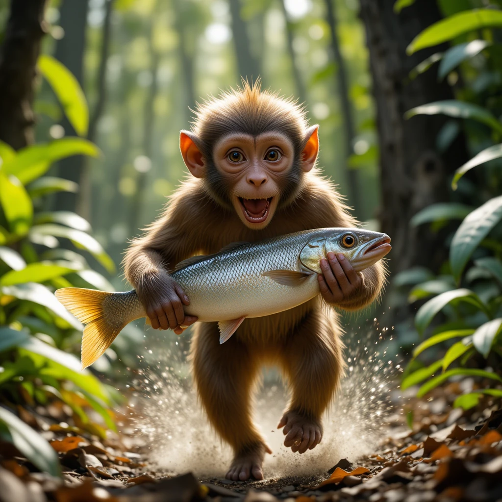 Macaco brincalhão correndo com um peixe em uma selva banhada pelo sol