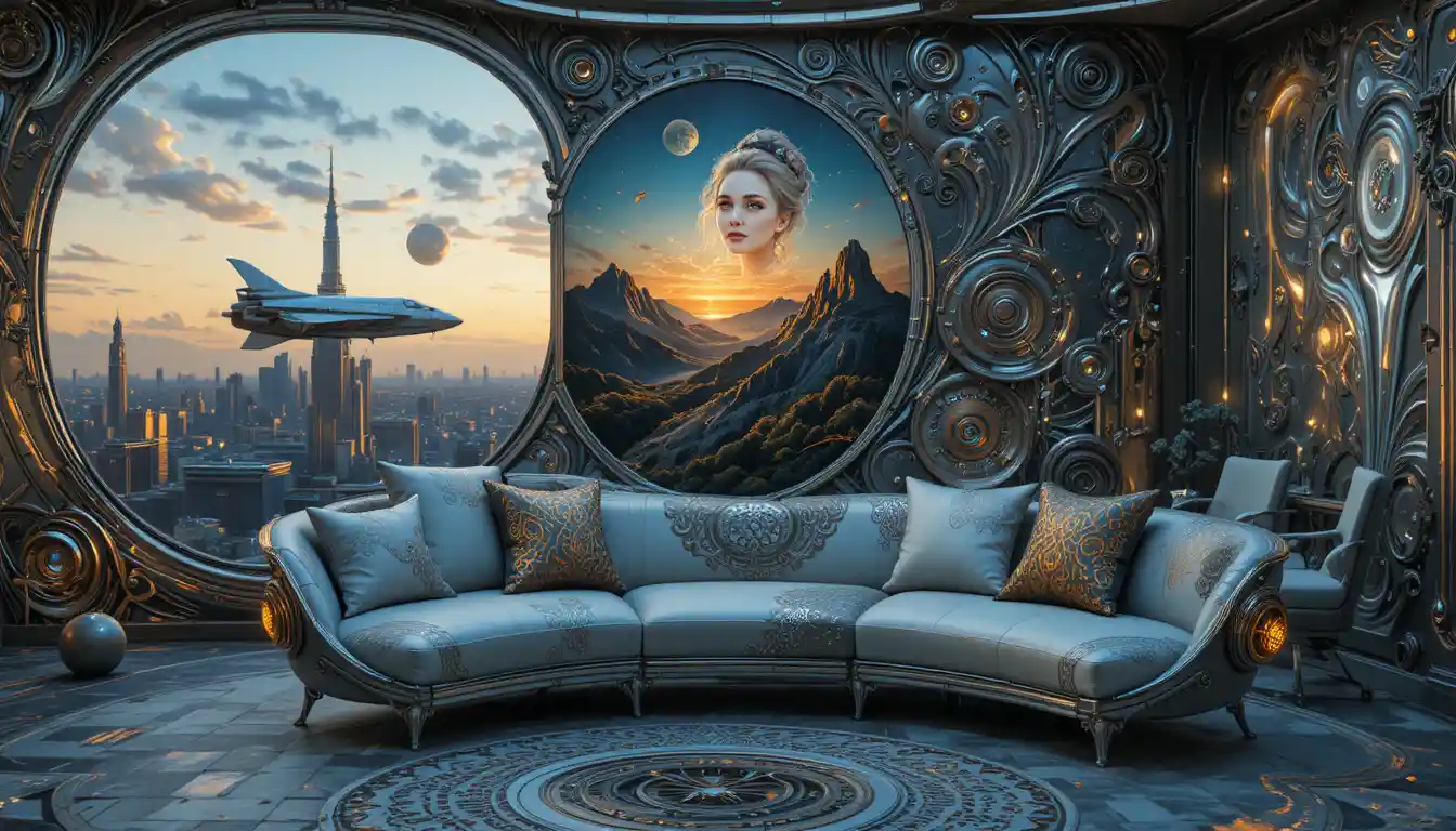 Lounge barroco futurista com sofá metálico e vista para a cidade