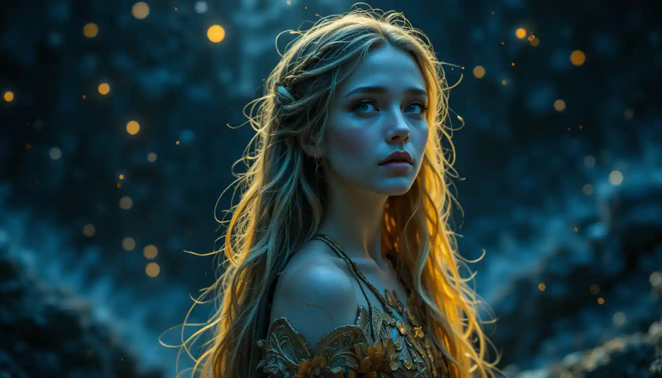Melancholic Norse goddess gazing toward a star filled sky
