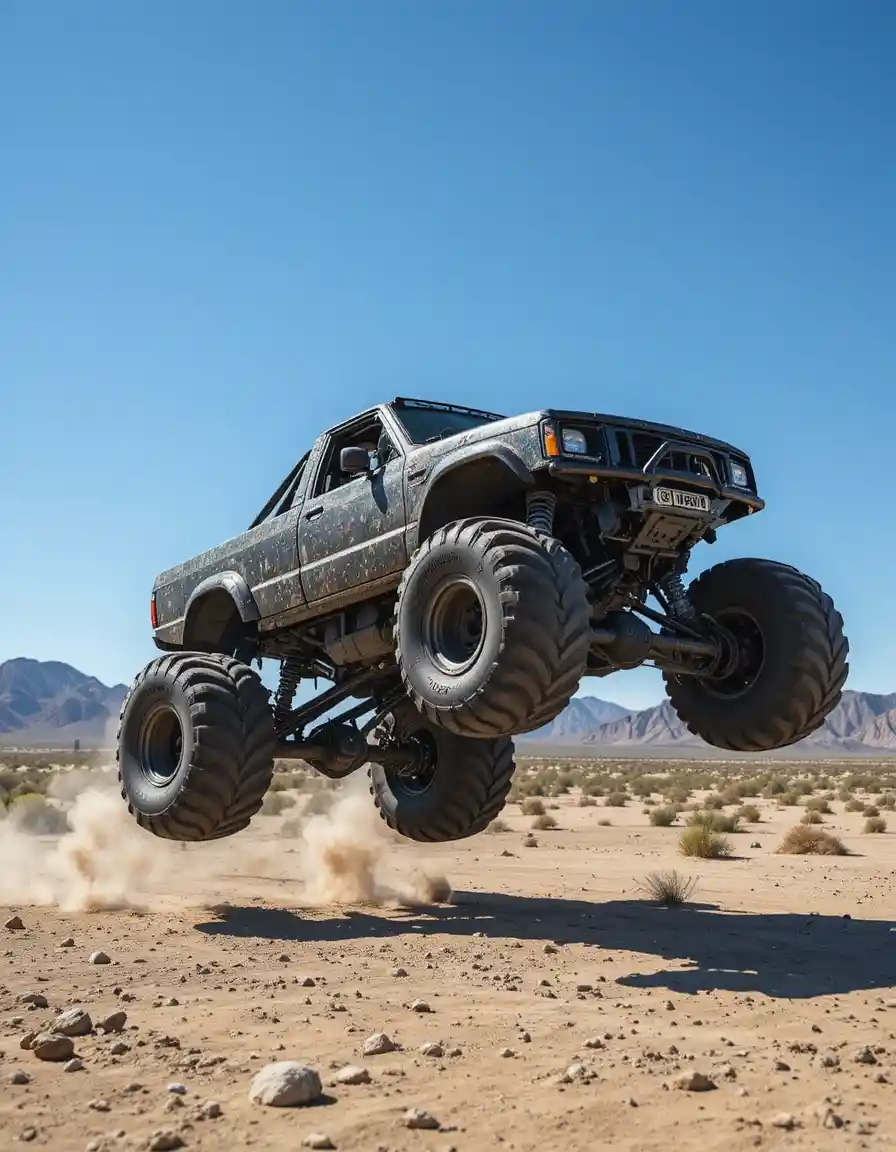 Off road monster truck jumping high over desert hills