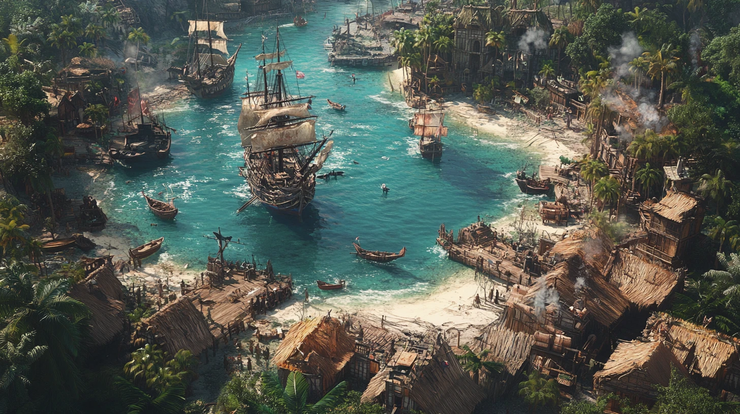 Dramatic fantasy illustration of a bustling pirate cove
