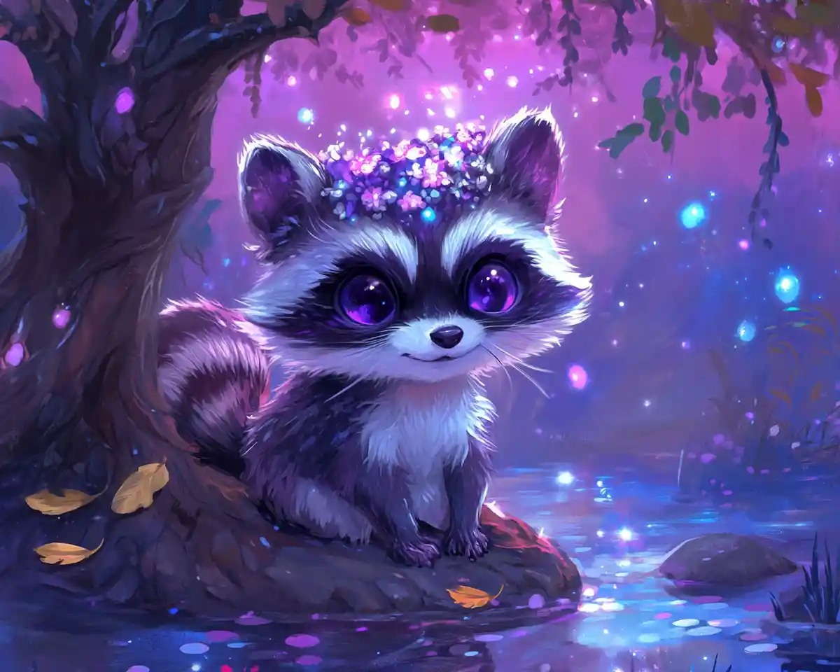Majestätischer Chibi‑Waschbär an einem magisch leuchtenden Baum