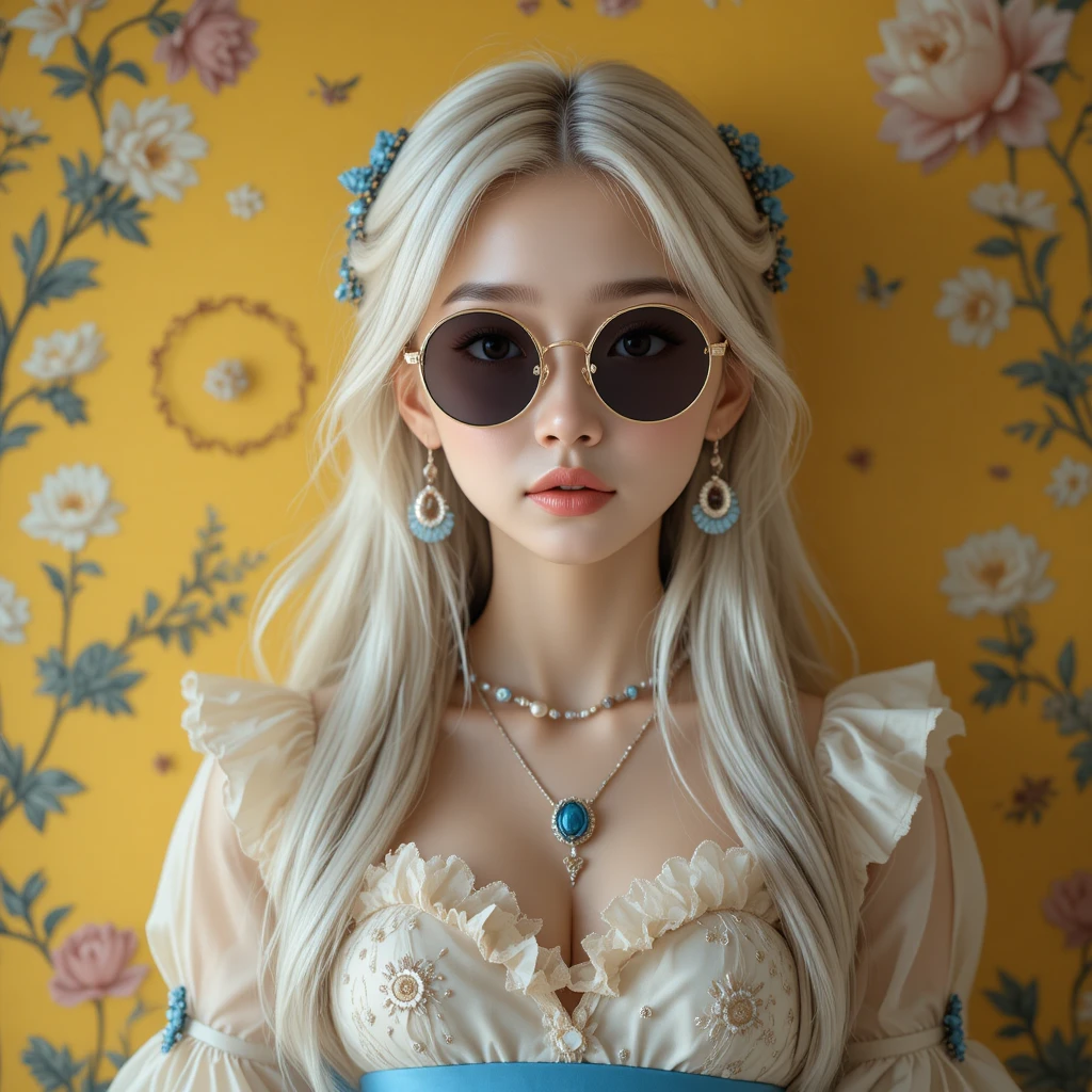 노란 벽 앞 꽃무늬 드레스를 입은 판타지 소녀