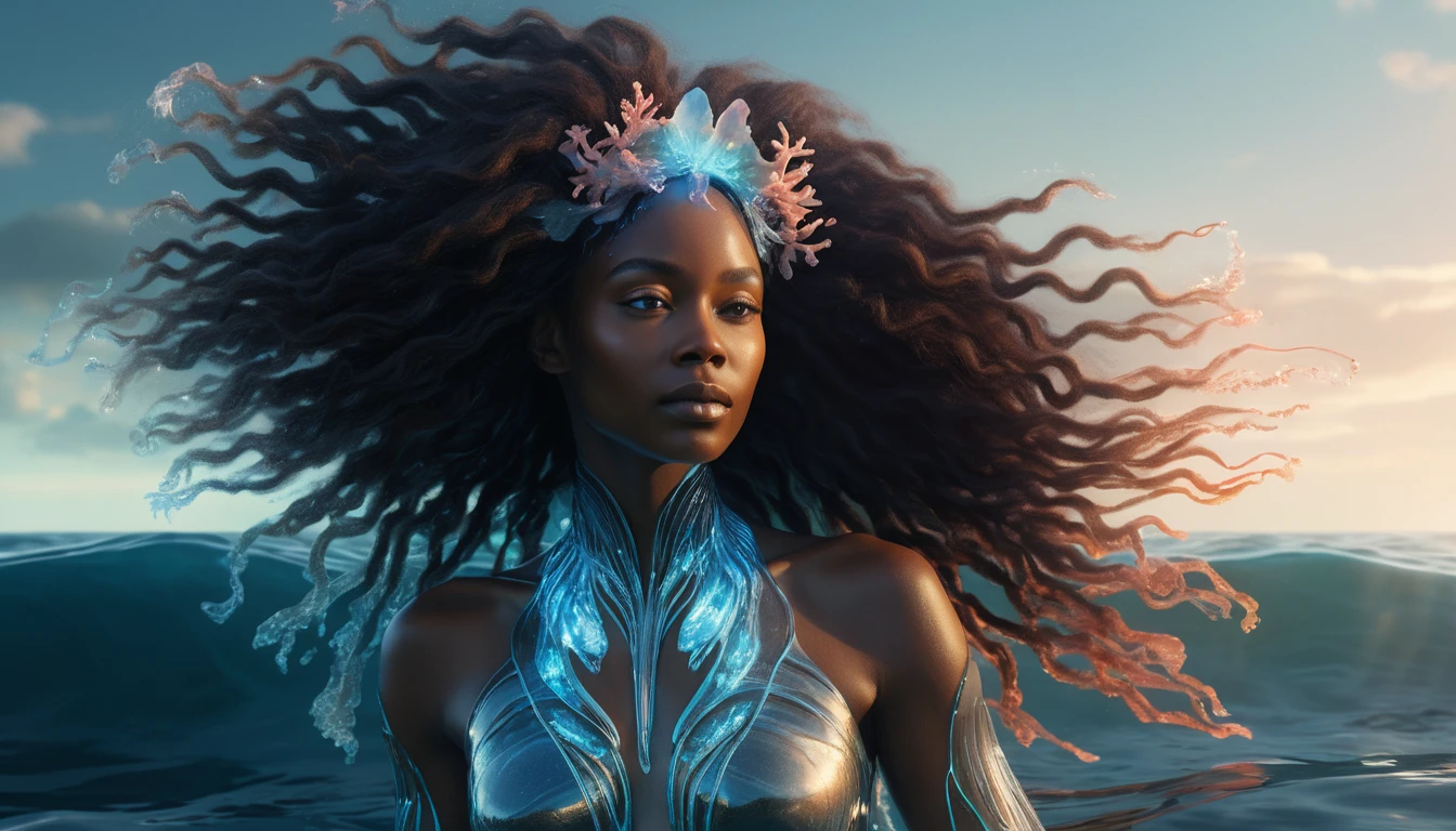 Mujer afrofuturista elevándose desde un océano resplandeciente