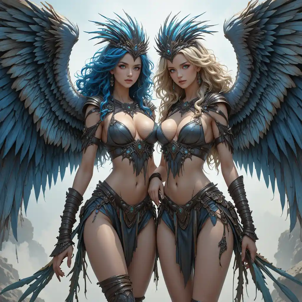 Two powerful anime harpy women with wide blue wings