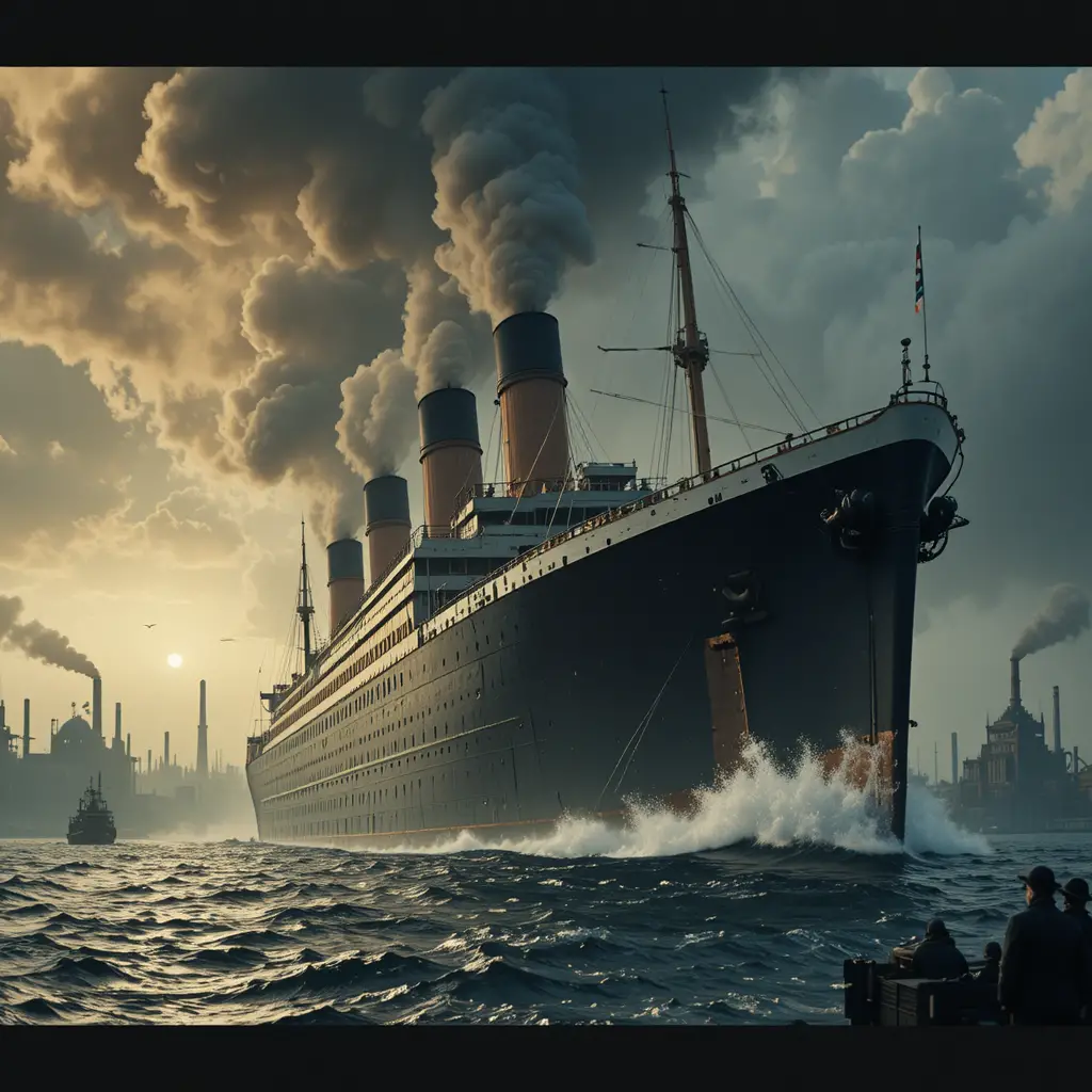 Steamship Crossing Rough Industrial Age Ocean At Sunset