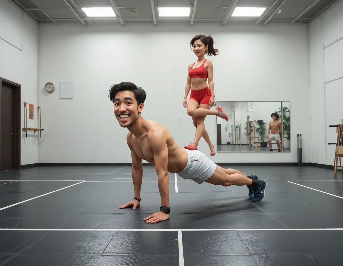 Athlète faisant un burpee avec une femme debout sur son dos à la salle de sport