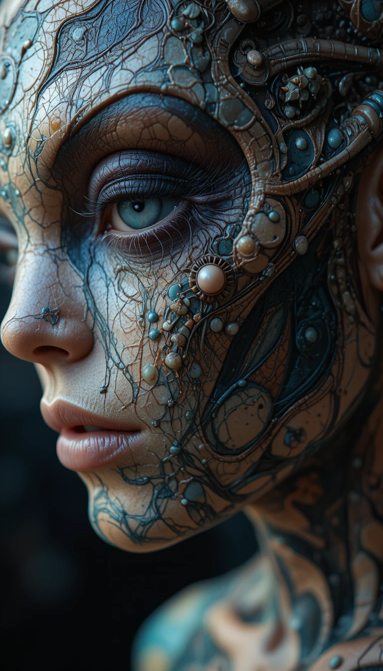 Vista macro de piel alienígena con tatuajes biomecánicos cambiantes