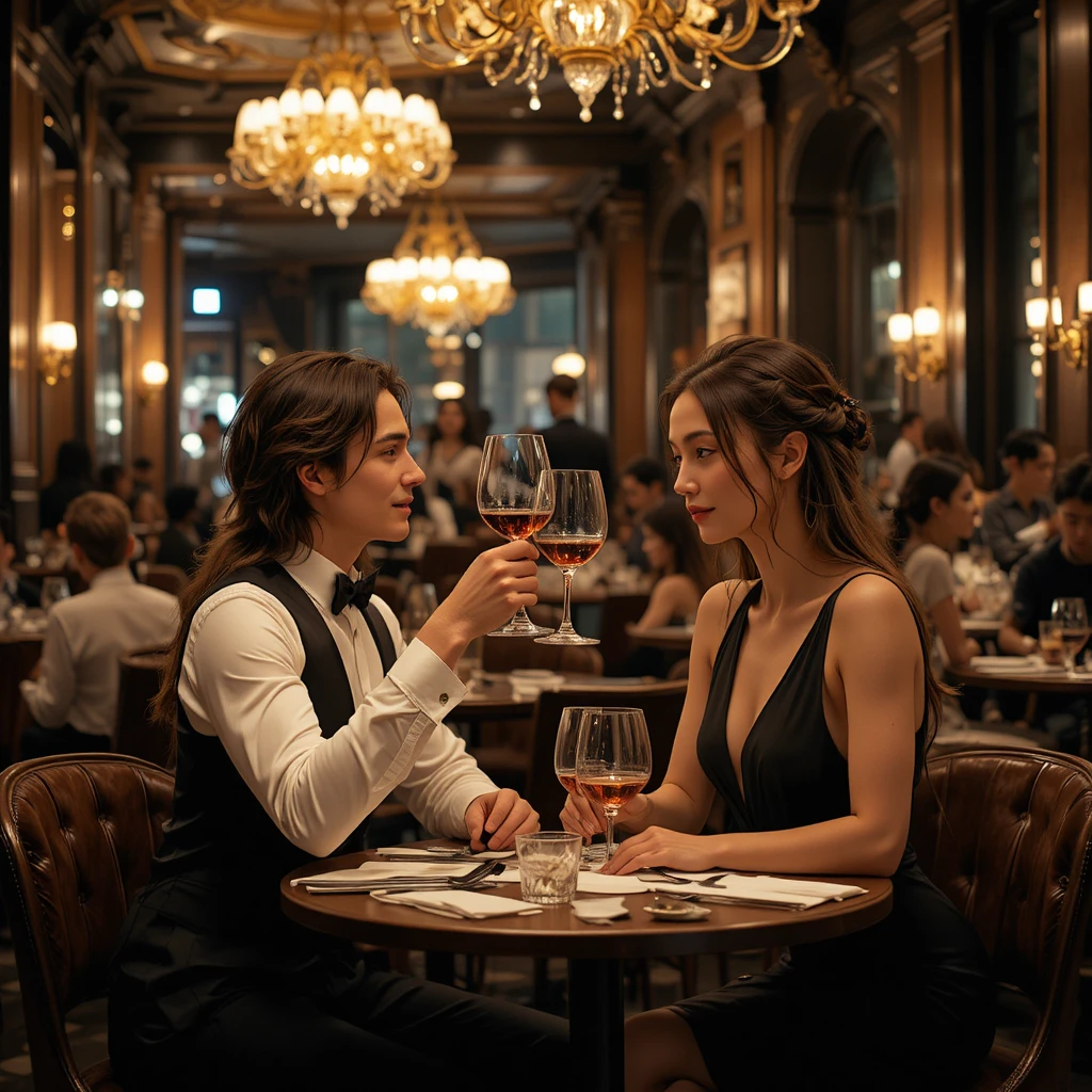 Young couple toasting with wine in a chic Paris restaurant