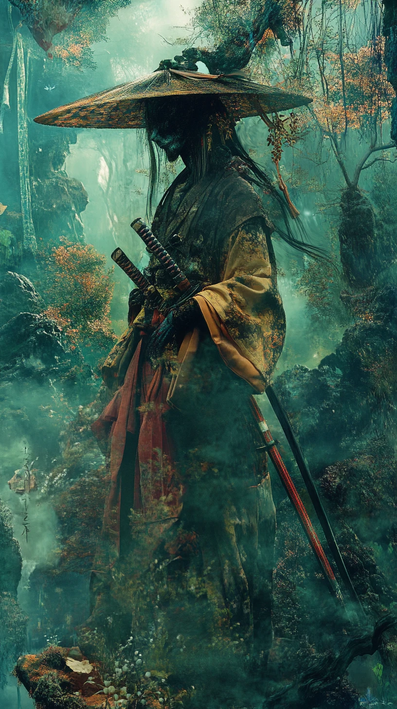 Samurai surrealista dark fantasy in una scena di illusione impossibile