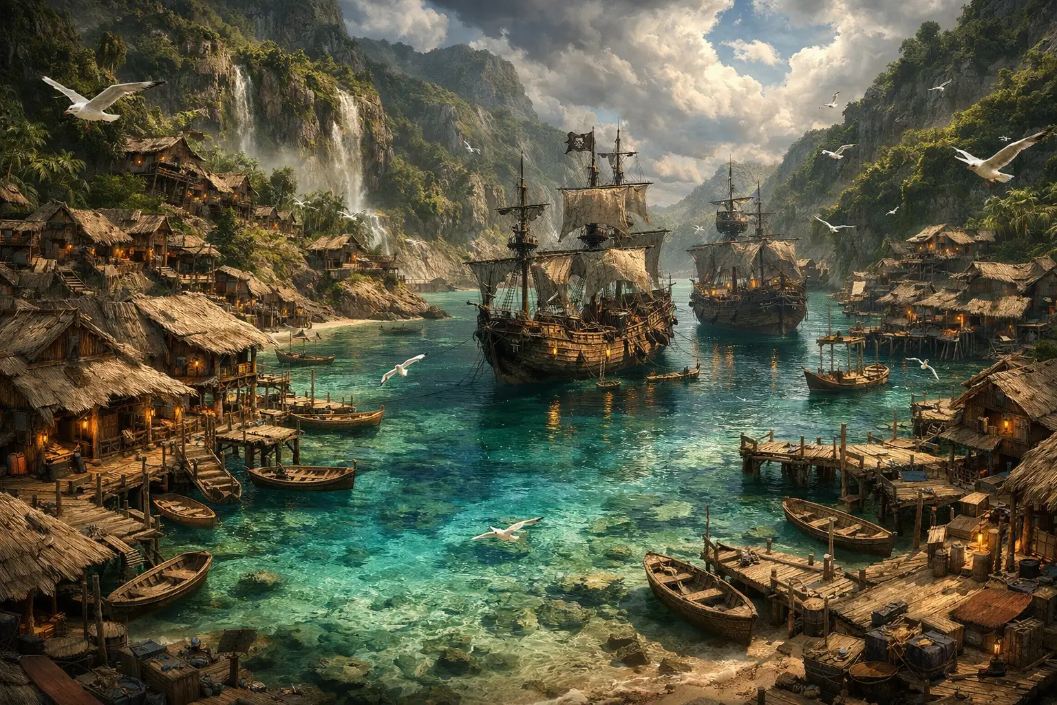 Dramatic fantasy illustration of a tropical pirate cove