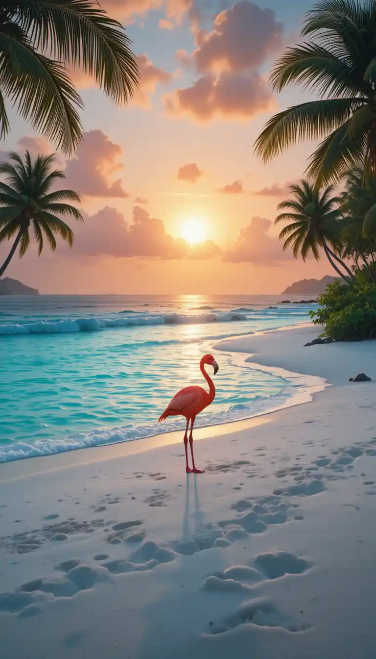 Flamant rose solitaire sur une plage tropicale au coucher de soleil serein