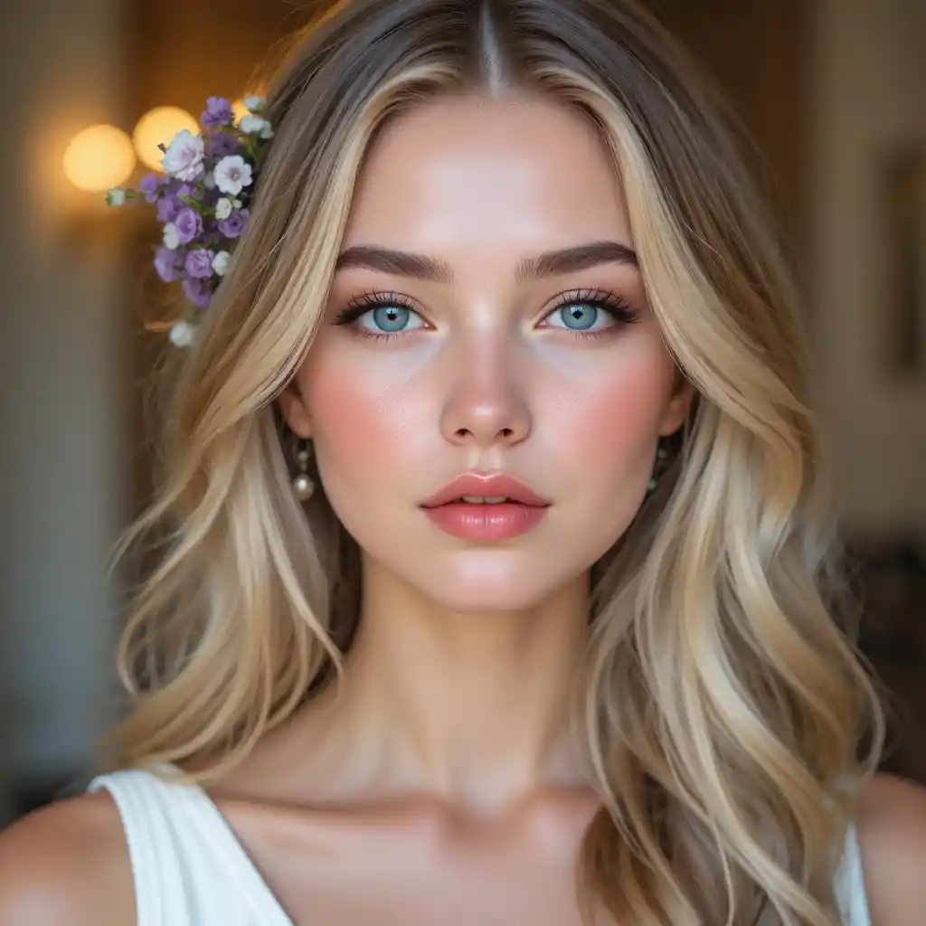 Serene close up portrait of blonde girl with flowers