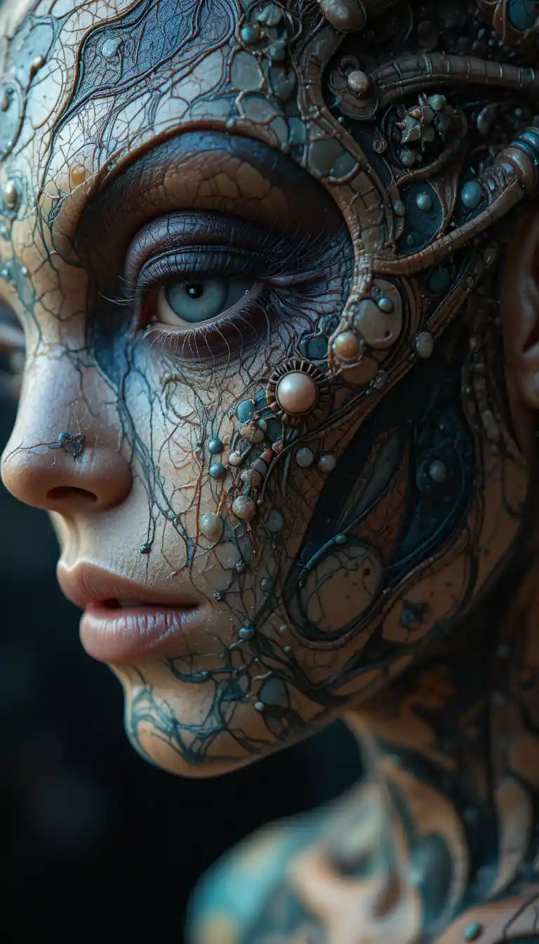 Vista macro de pele alienígena com tatuagens biomecânicas em mutação